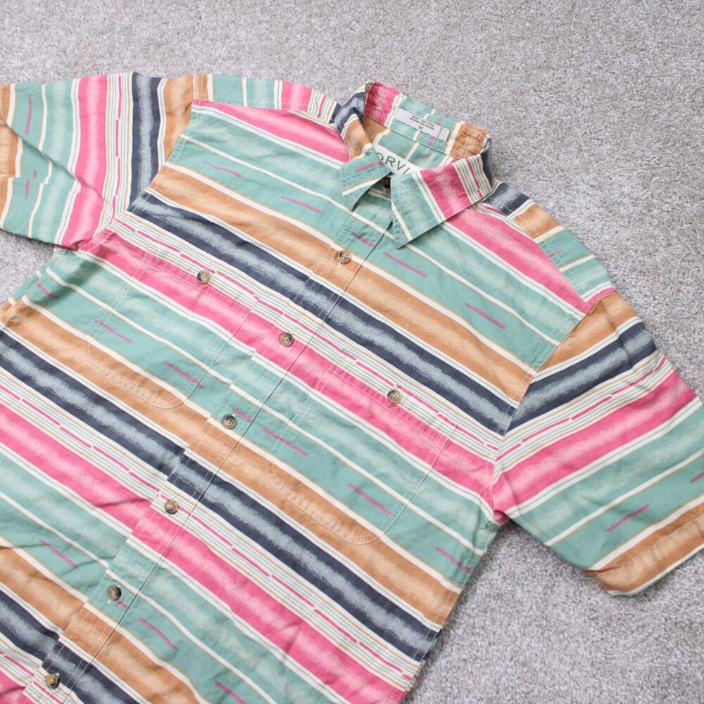 Orvis Shirt Mens Medium Green/Pink Striped 100% Cotton Short Sleeve Button - Picture 3 of 10
